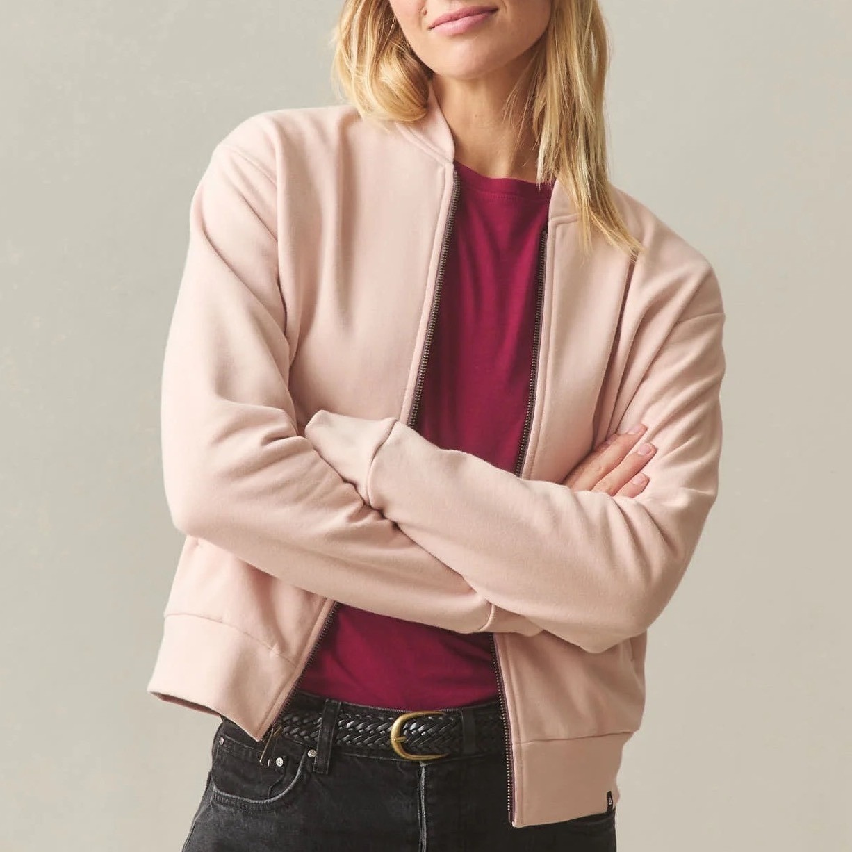 American Giant Bomber Jacket Womens Xs Cameo Rose Full Zip Ribbed Fleece Lined